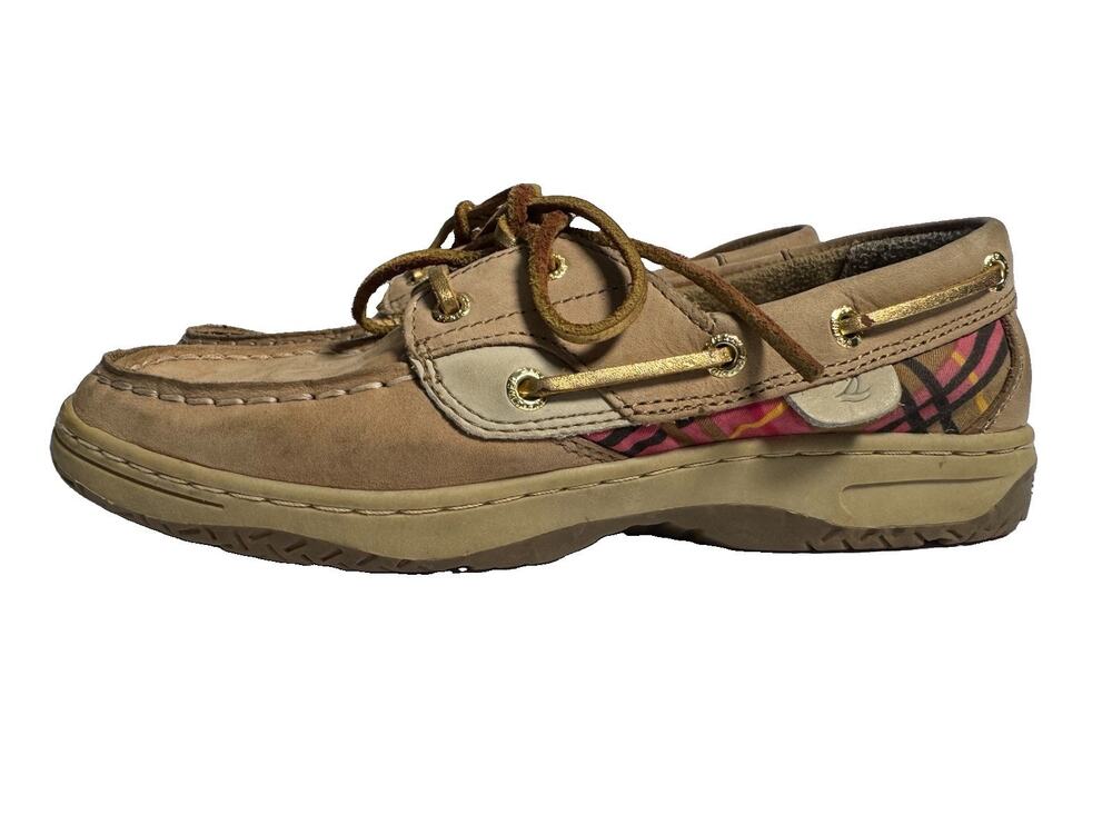 Sperry Top-Sider Women’s Boat Shoes Leather Tan Plaid Gold Lace Size 4M EU 36